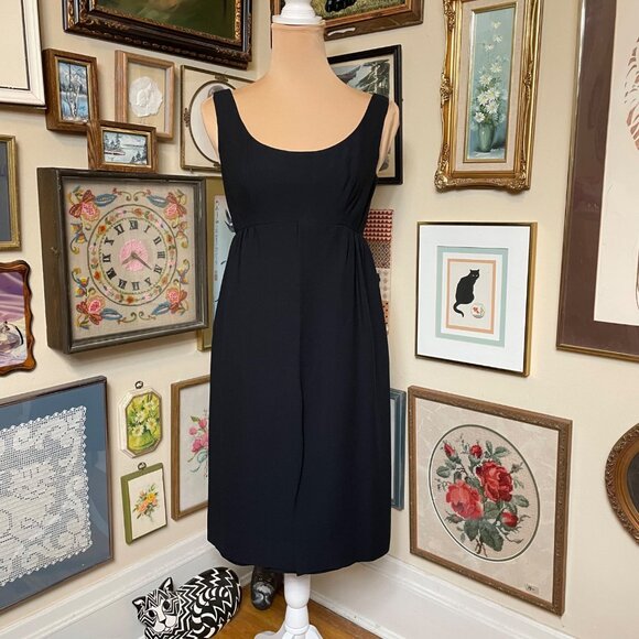 70s Vintage i.magnin Black Sleeveless Empire Waist Wiggle Dress with Overlay S - Picture 1 of 10